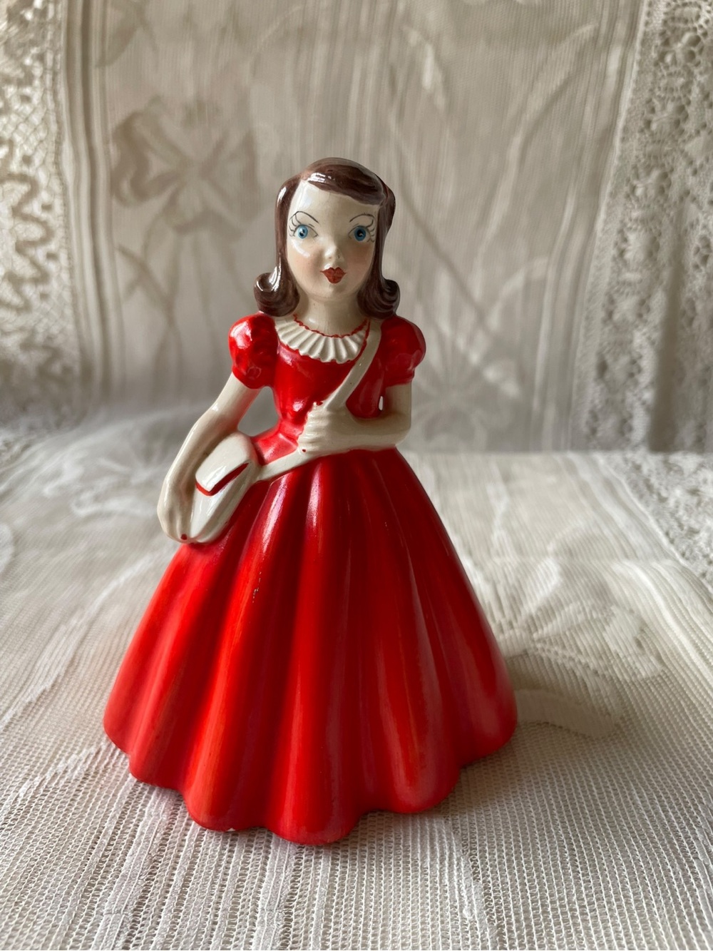 Vintage 1959 Mid-Century Ceramic Girl Figurine Red Dress MCM Kitsch 5.5